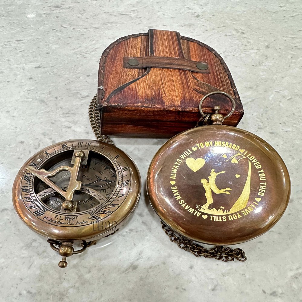 Brass Nautical Sundial Compass with Leather Case and Chain - Push Open Steampunk Accessory, Unique Gift for Men - Beautiful Handmade Sundial Clock to My Husband