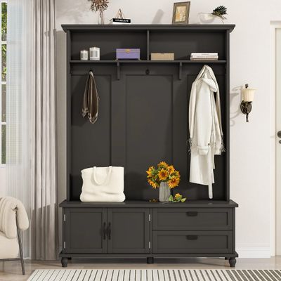 NCKMYB Rustic Hall Tree with Cabinet 59'' Wild Coat Rack with Drawers and 3 Open ShelvesMudroom Bench Organization for Hallway, Entryway, Black