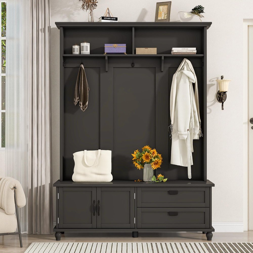 NCKMYB Rustic Hall Tree with Cabinet 59'' Wild Coat Rack with Drawers and 3 Open ShelvesMudroom Bench Organization for Hallway, Entryway, Black
