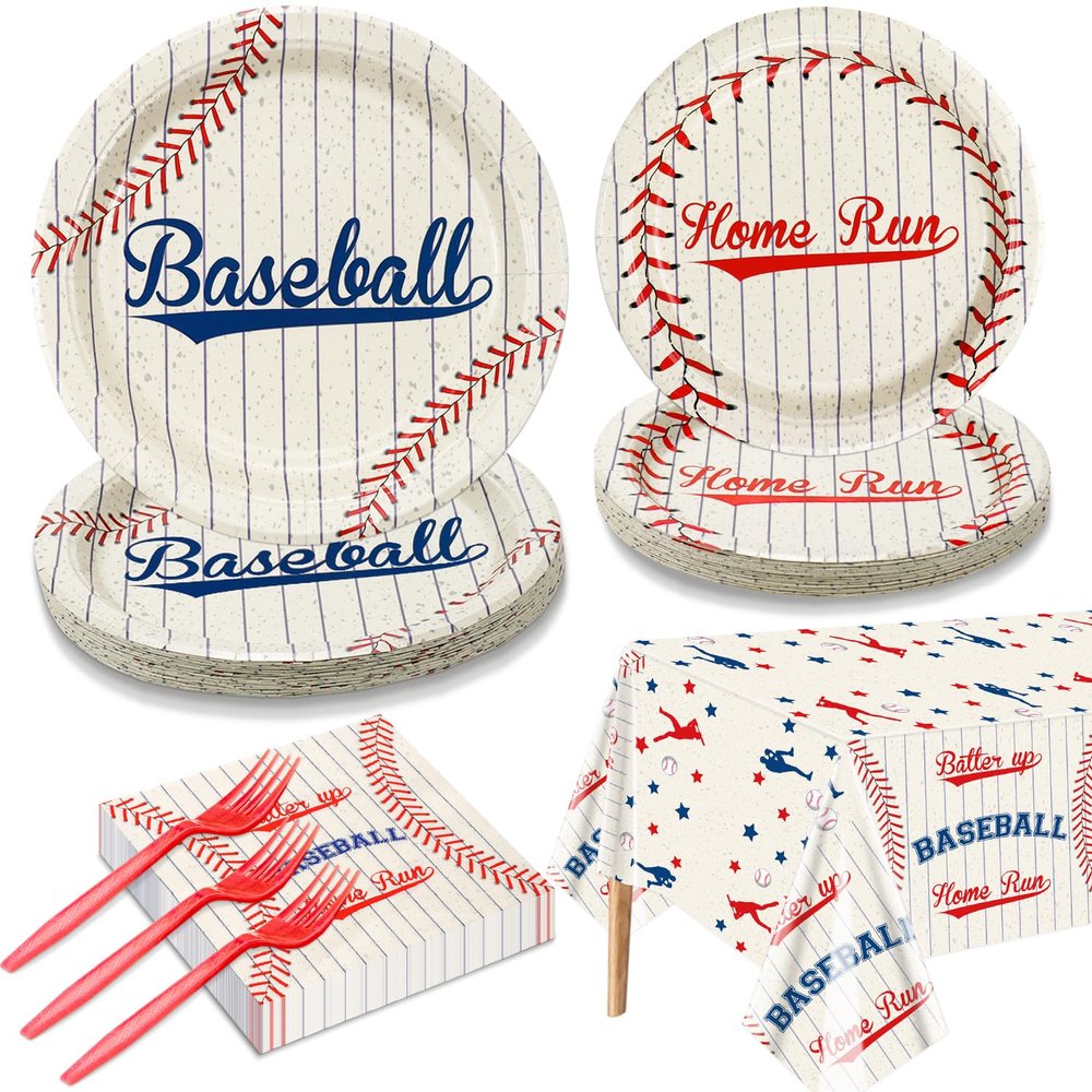 Baseball Party Supplies for 20 Guests - Home Run Plates, Napkins, Forks, Batter Up Tablecloth for Kids Boys Sports Theme Birthday Decorations, Event Game Day Party Decor