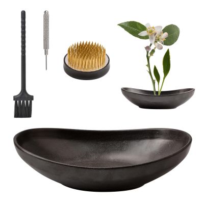 WANDIC Black Flower Arranger Supplies, Ingot Shaped Bowl & 5cm Floral Frog for Ikebana Ceramic Floral Vase for Plant Arranging Floristry Container