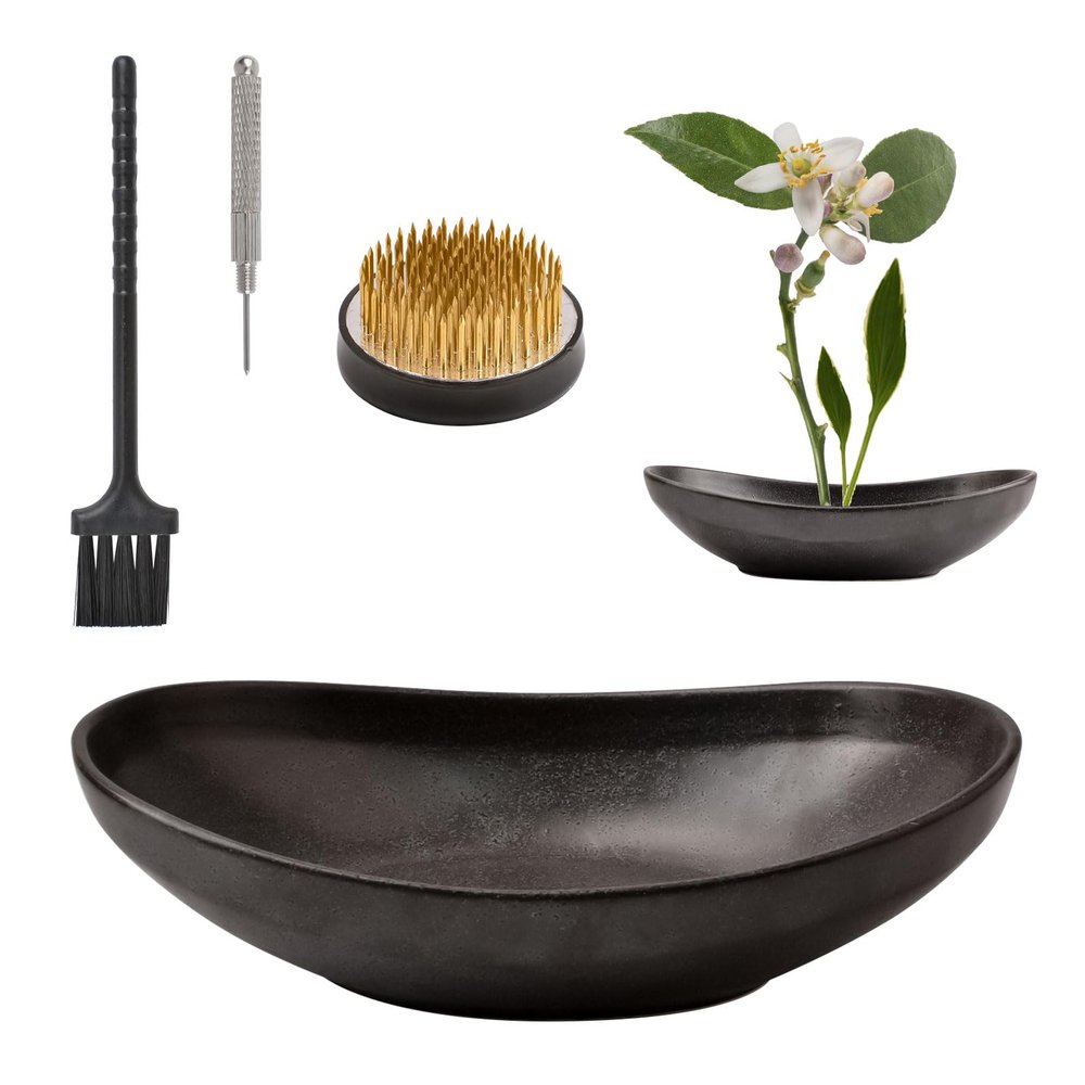 WANDIC Black Flower Arranger Supplies, Ingot Shaped Bowl & 5cm Floral Frog for Ikebana Ceramic Floral Vase for Plant Arranging Floristry Container