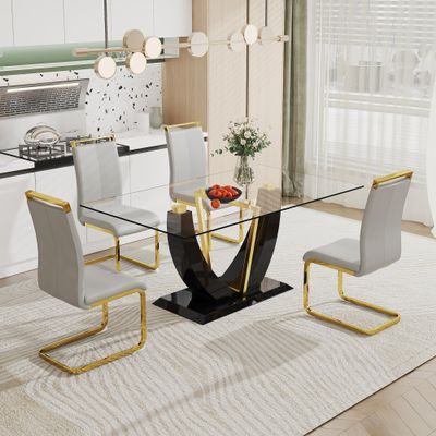 5 Pieces Black Glass Dining Table Set for 4 Glass Modern Kitchen Dining Room Table Set 63" Tempered Glass Dining Table and 4 Grey Upholstered Chairs,Dining Kitchen Table Set, Home Kitchen Furniture