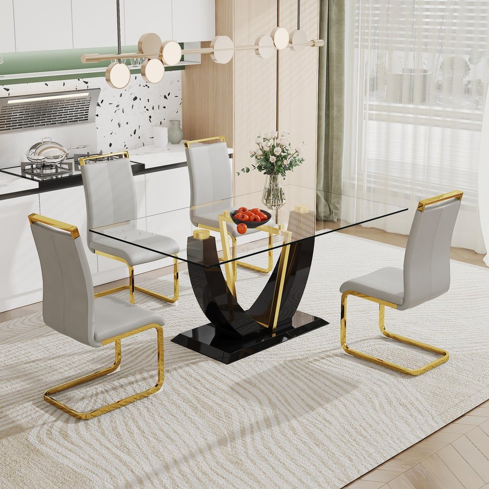 5 Pieces Black Glass Dining Table Set for 4 Glass Modern Kitchen Dining Room Table Set 63" Tempered Glass Dining Table and 4 Grey Upholstered Chairs,Dining Kitchen Table Set, Home Kitchen Furniture