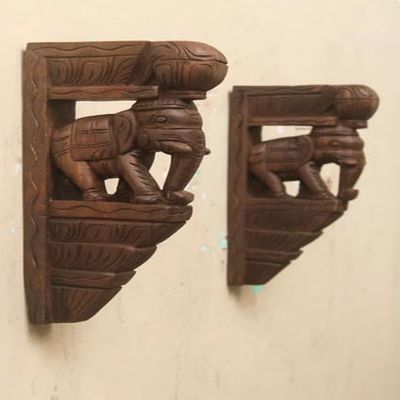 Blackperlcrafts By Elephant Statue Wall Bracket Wooden Corbel Pair Shelf Support Vintage Home Decor Wall Hanging Door Entrance Decor Entryway Sculpture 2 pcs Gift