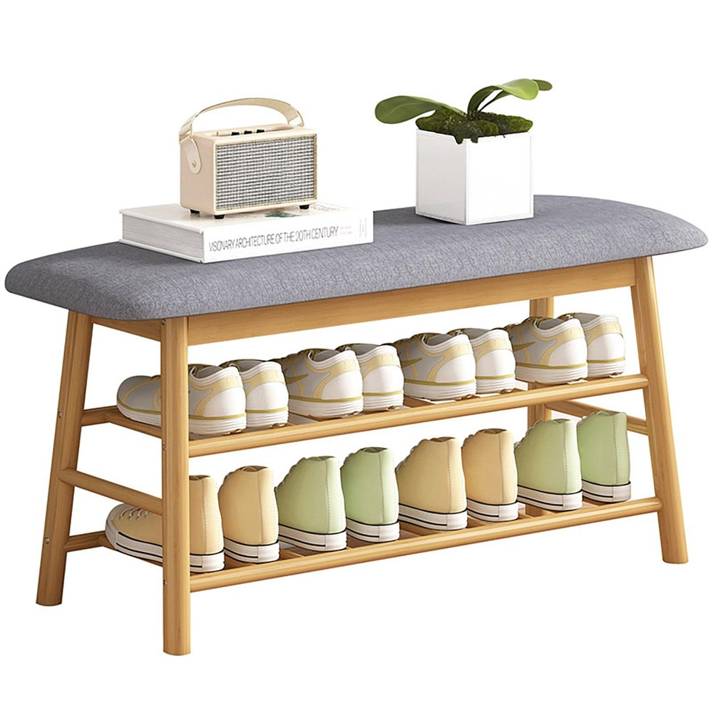 HUHJYUGE Shoe Bench Entryway with Storage, Modern 2-Tier Shoe Rack Bench with Cushion, Stable Shoes Bench Seat Cabinet with Flip Top Easy Assembly, for Hallway Living Room