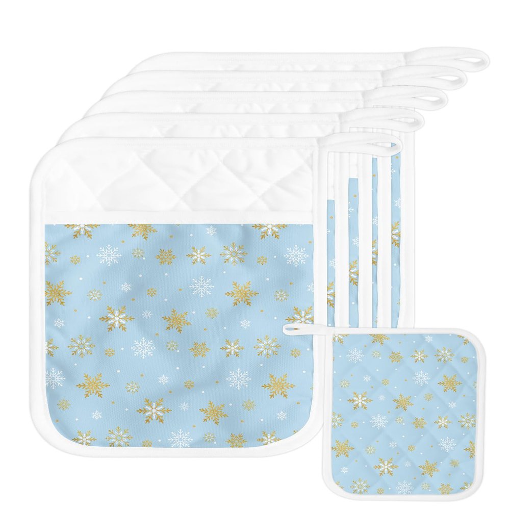 4 Pack Pot Holders, Snowflake Blue Pot Holders for Kitchen with Pockets & Loops Heat Resistant Pot Holder Pad for Cooking Baking Microwave BBQ Winter Christmas Contemporary Gold White