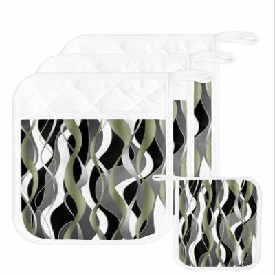 3 Pack Pot Holders, Sage Green Stripes Pot Holders for Kitchen with Pockets & Loops Heat Resistant Pot Holder Pad for Cooking Baking Microwave BBQ Modern Geometric Black Grey White