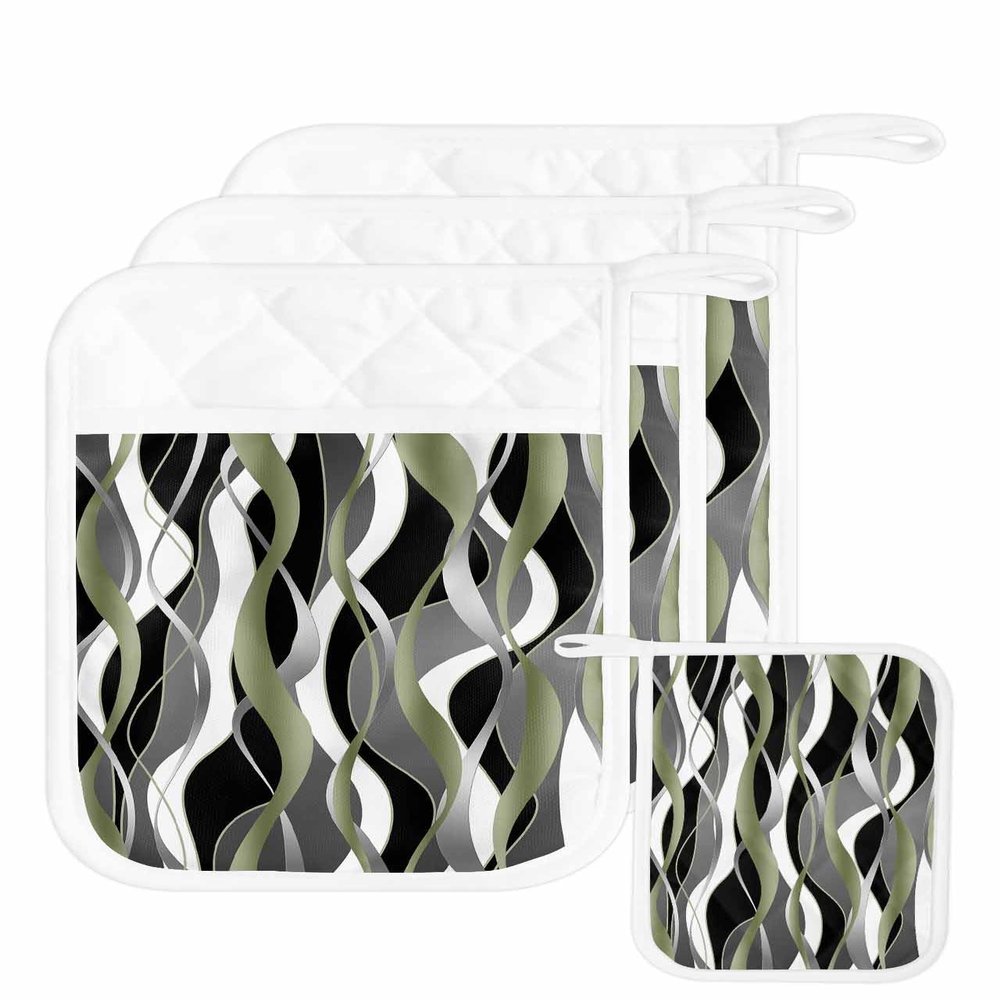 3 Pack Pot Holders, Sage Green Stripes Pot Holders for Kitchen with Pockets & Loops Heat Resistant Pot Holder Pad for Cooking Baking Microwave BBQ Modern Geometric Black Grey White