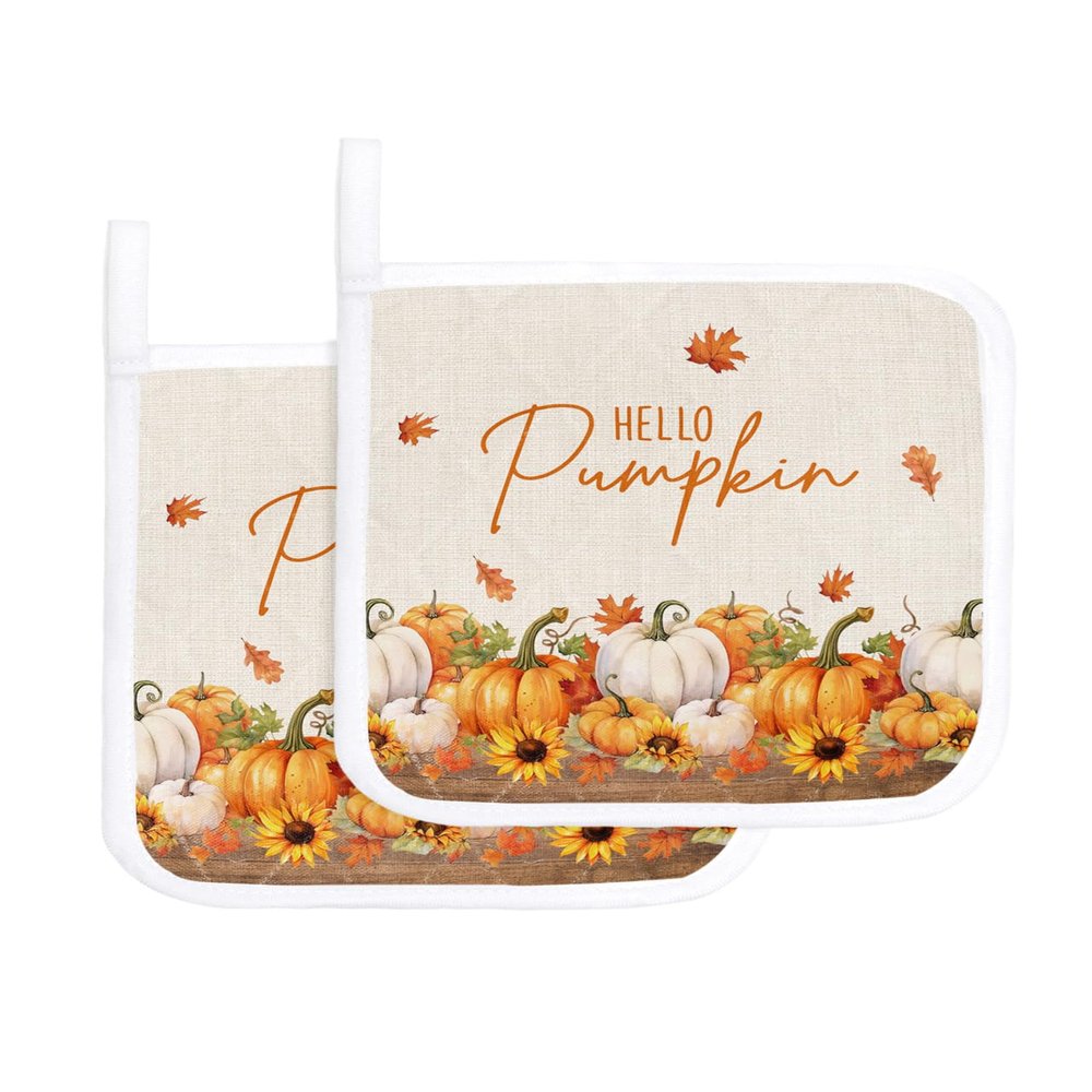 2 PCS Pot Holders with Hanging Loops, Fall Pumpkin Heatresistant Potholders Coasters Mat for Kitchen Cooking Baking BBQ Thanksgiving Harvest Autumn Leaves