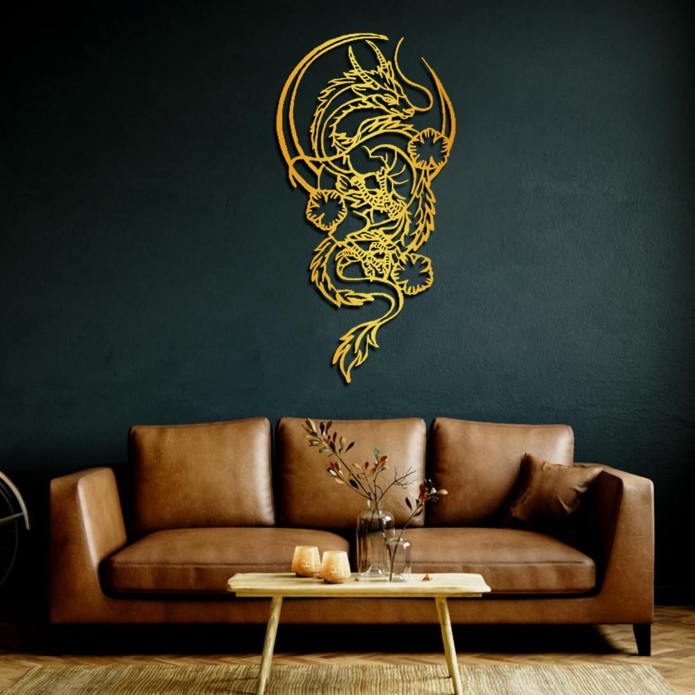Dragon Metal Wall Decor, Metal Line Art Wall Decor, Large Metal Wall Art, Metal Flowers Wall Decor, Home Decor, Metal Wall Art for Living Room, Metal Wall Art (Gold, 23.6" x 12.1"|60 x 30.8 cm)