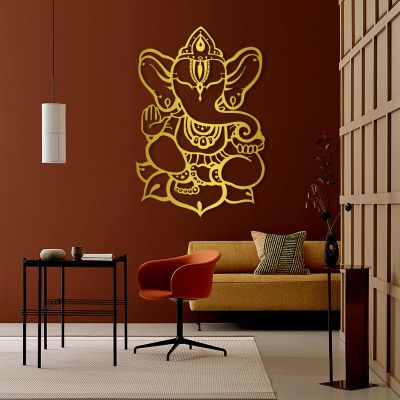Elephant Metal Wall Art, Ganapati Elephant Modern Metal Wall Art, Hindu Home Decoration, Elephant Decor, Metal Wall Art Decor, Metal Wall Art for Living Room, Housewarming Gift (Gold, 24 x 16 inch / 60 x 41 cm)