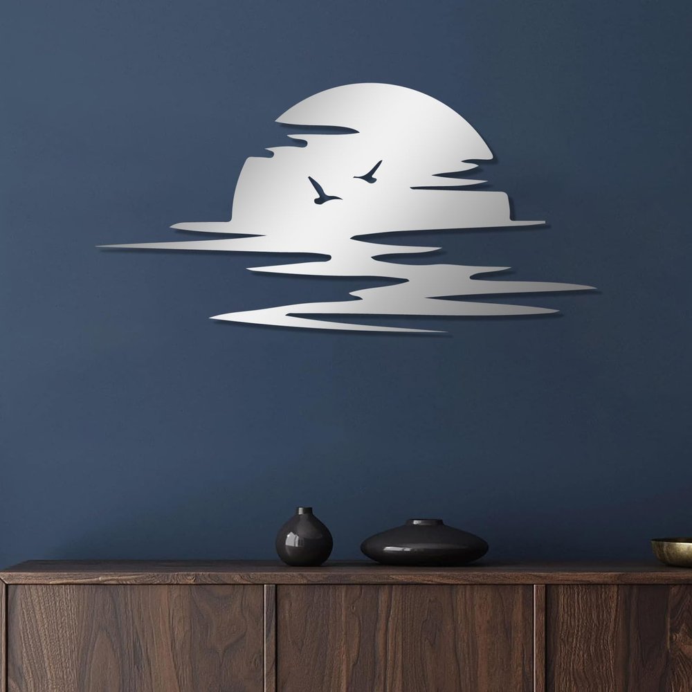 ICEWQOQU Sunrise Wall Art, Metal Wall Art, Sun Wall Decor, Bird Wall Art, Sun and Seagulls Metal Wall Decor, Wall Decor Living Room, Large Wall Decor (Silver, 15"x30"|38x76cm)