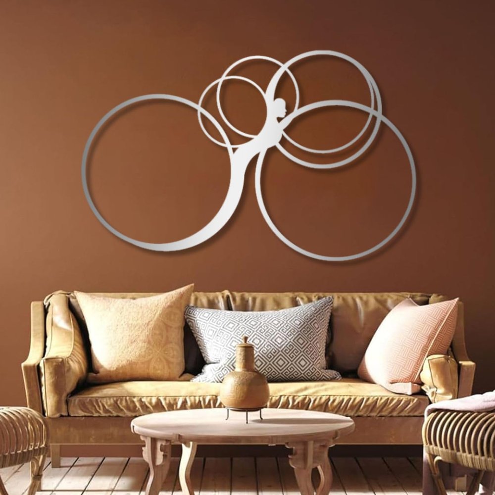 Minimalist Drawing Woman Decor, Geometric Metal Wall Art, Ring Decor, Modern Abstract Art, Living Room (Silver, 59"x37" | 150x94.5 cm)
