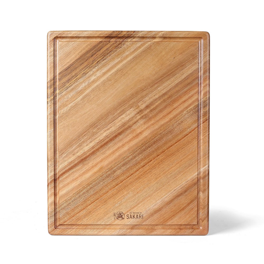 MITSUMOTO SAKARI Japanese Acacia Wood Cutting Board, 17 13 in Kitchen Cutting Board for Meat Vegetables Cheese, Pure Natural Textured Chopping Board with Juice Groove