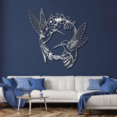 Hummingbird Metal Wall Art, Hummingbird Metal Wall Decor, Birds Home Decor, Metal Wall Art, Flowers Metal Wall Decor, Metal Bird Wall Art, Floral Wreath Wall Ar, Gift for Him (Silver, 35 x 35 inch / 90 x 90 cm)