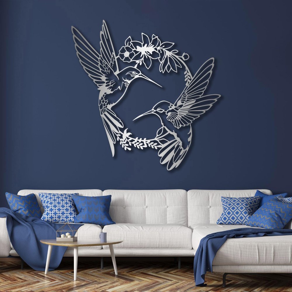 Hummingbird Metal Wall Art, Hummingbird Metal Wall Decor, Birds Home Decor, Metal Wall Art, Flowers Metal Wall Decor, Metal Bird Wall Art, Floral Wreath Wall Ar, Gift for Him (Silver, 35 x 35 inch / 90 x 90 cm)