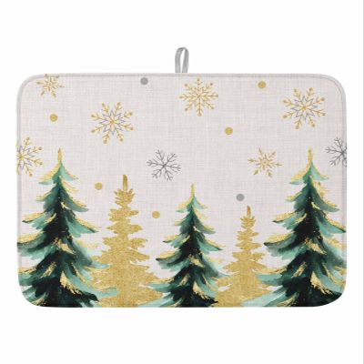 Gold Green Dish Drying Mat for Kitchen Counter, Vintage Christmas Tree Snowflake Absorbent Reversible Dish Drainer Rack Mats for Coffee Bar Mats 16''x18'' 1 PCS