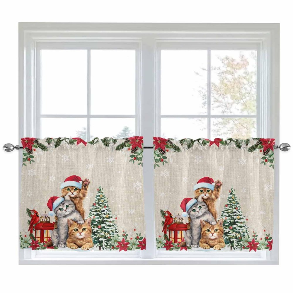 2 Piece Tier Curtains for Windows Xmas Poinsettia and Pine Tree Lovely Cat Winter Holiday Snowflake Kitchen Curtains Set Semi Sheer Rod Pocket Small Window Curtains for Bathroom Bedroom 27.5"x36"