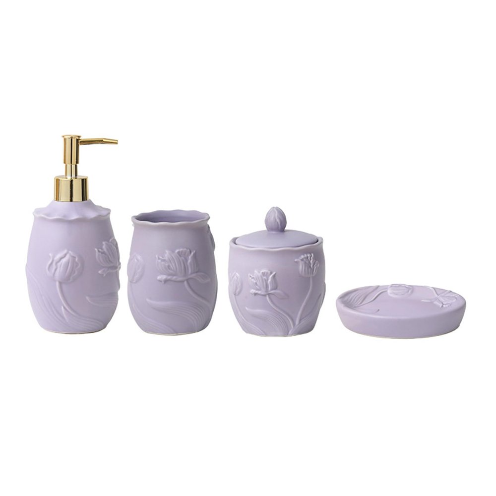 AOPPLSOT Soap Dispenser Set Blue, Bathroom Accessories Set Made of Ceramic, Soap Dish and Toothbrush Cup Set for Bathroom and Guest Toilet,Purple