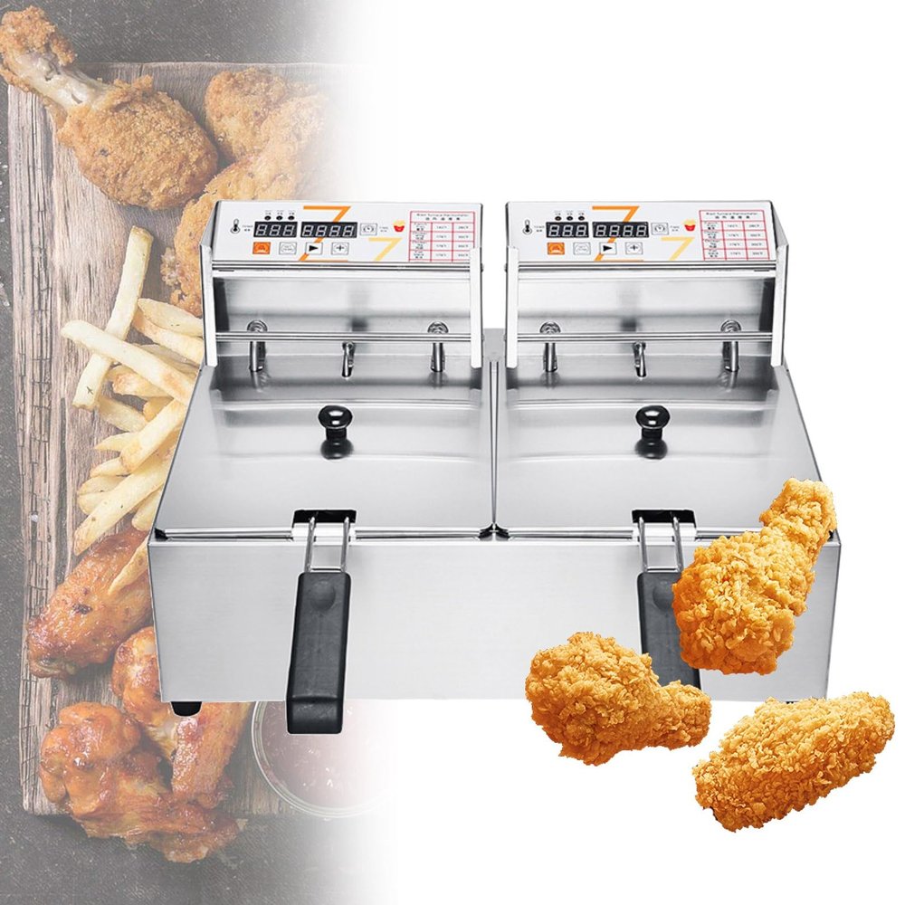 Electric Deep Fryer W/ 2 Baskets & Lids, 12L Stainless Steel Commercial Double Fryer, Countertop Kitchen Frying Machine W/Temperature Control, French Fries Donuts 5000W