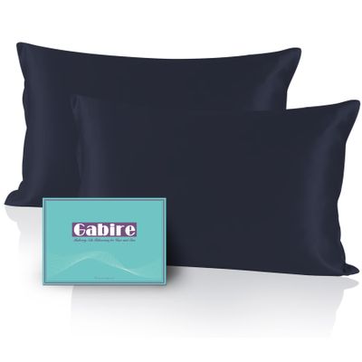 Gabire Mulberry Silk Pillow Cases Set of 2, Both Sides Real Silk Pillow Cover for Hair and Skin Cool Pillowcase Organic Silk Pillowcase 2 Pack with Hidden Zipper, Navy Blue, Queen (20"30")