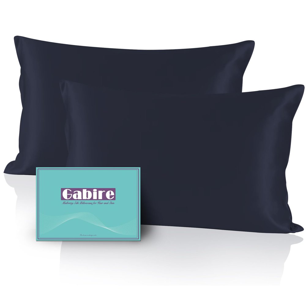 Gabire Mulberry Silk Pillow Cases Set of 2, Both Sides Real Silk Pillow Cover for Hair and Skin Cool Pillowcase Organic Silk Pillowcase 2 Pack with Hidden Zipper, Navy Blue, Queen (20"30")
