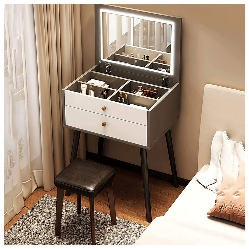 ZUMAHA Stylish Multifunctional Vanity Desk, Vanity Set with Upholstered Makeup Stool for Girls Women, Dressing Table with Convenient Flip-Top Mirror Elegant