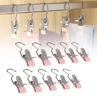 10/30/50 PCS Space-Saving Clothespin Hat Pants Storage Hanging Travel Hook, 360 Rotating Stainless Steel Metal Hanging Hook Clips, Hanger Clips Towel Clips Boot Hangers for Closet (Pink, 10 PCS)