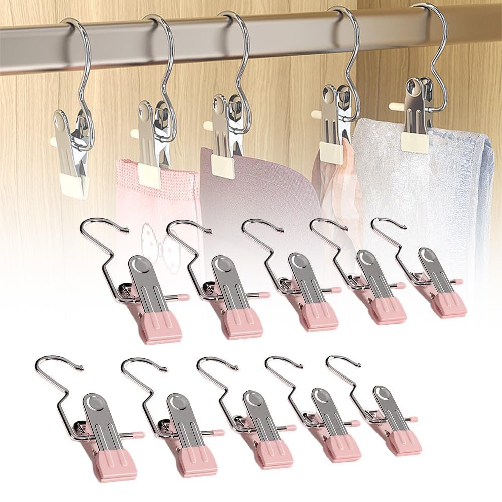 10/30/50 PCS Space-Saving Clothespin Hat Pants Storage Hanging Travel Hook, 360 Rotating Stainless Steel Metal Hanging Hook Clips, Hanger Clips Towel Clips Boot Hangers for Closet (Pink, 10 PCS)