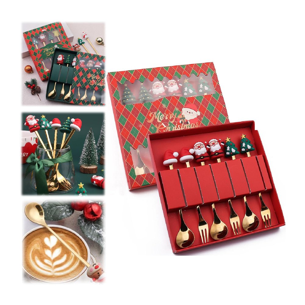 2024 New Christmas Cutlery Set, Stainless Steel Christmas Tree Tea Spoon for Home, Creative Christmas Coffee Spoons Forks Set, Christmas Dessert Spoon Ideal Gift for Kid Friend (I-3 Spoons 3 Forks)