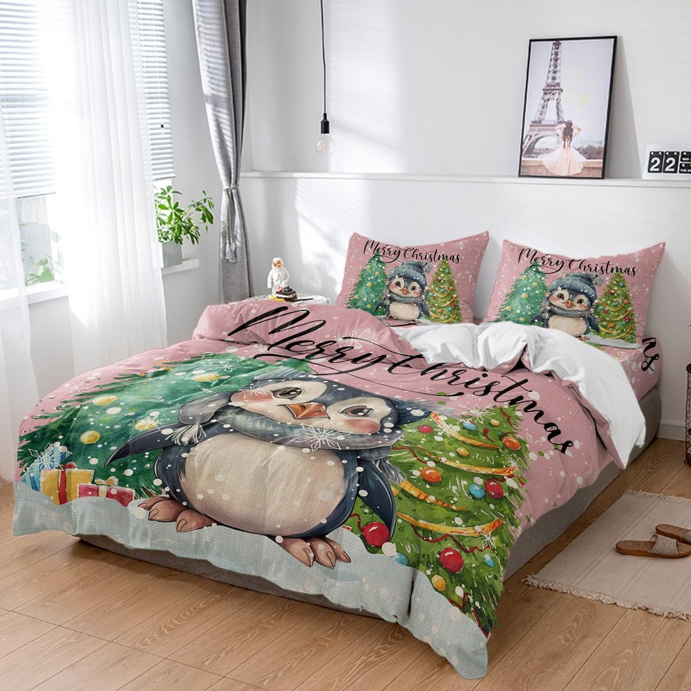 Penguins Christmas Tree Duvet Cover Sets 4 Piece Full Ultra Soft Bed Quilt Cover Set for Kids/Teens/Women/Men,Winter Snowflakes Pink Back Bedding Collection All Season Use