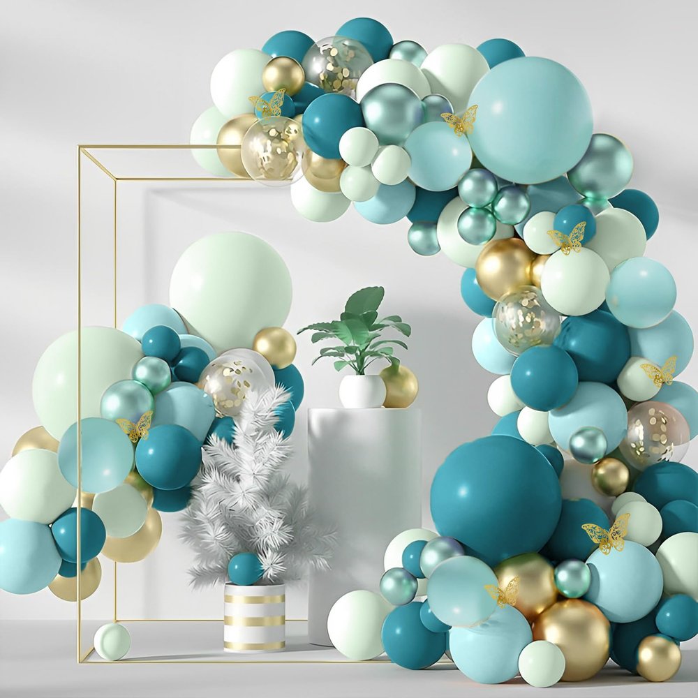 133Pcs Teal Balloons Arch Kit DIY Balloon Arch Garland Kit with Double-Stuffed Teal Balloons Gold Butterfly Blue Balloons Arch Kit for Birthday Wedding Bridal Baby Shower Communion Party Decorations