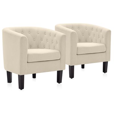 BELLEZE Accent Barrel Arm Chair Set of 2, Modern Comfy Upholstered Tufted Club Chair with Sturdy Legs and Linen Fabric for Bedroom Living Room - White