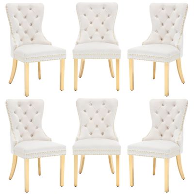 civama Dining Chairs Set of 6, Elegant Luxury Velvet Tufted Dining Chairs Golden Legs & Nailhead Trim, Back Lion Head Pull Ring & Rhomboid Pattern, Nikki Collection Armless Kitchen Chair, Beige