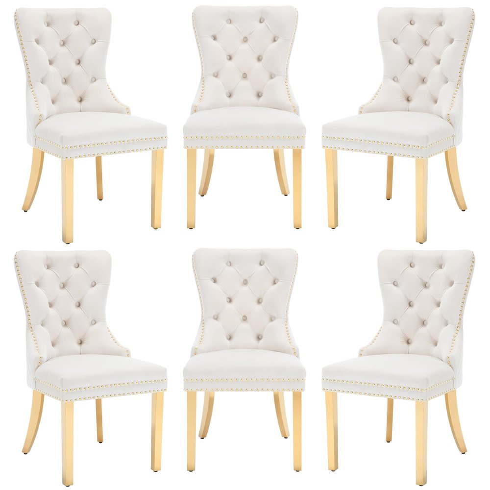 civama Dining Chairs Set of 6, Elegant Luxury Velvet Tufted Dining Chairs Golden Legs & Nailhead Trim, Back Lion Head Pull Ring & Rhomboid Pattern, Nikki Collection Armless Kitchen Chair, Beige