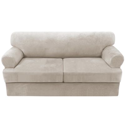 H.VERSAILTEX Sofa Cover 3 Piece T Cushion Sofa Slipcovers Thick Velvet Couch Cover Stretch T Cushion Sofa Covers for 2 Cushion Couch with 2 Individual T Cushion Covers Washable, Oatmeal