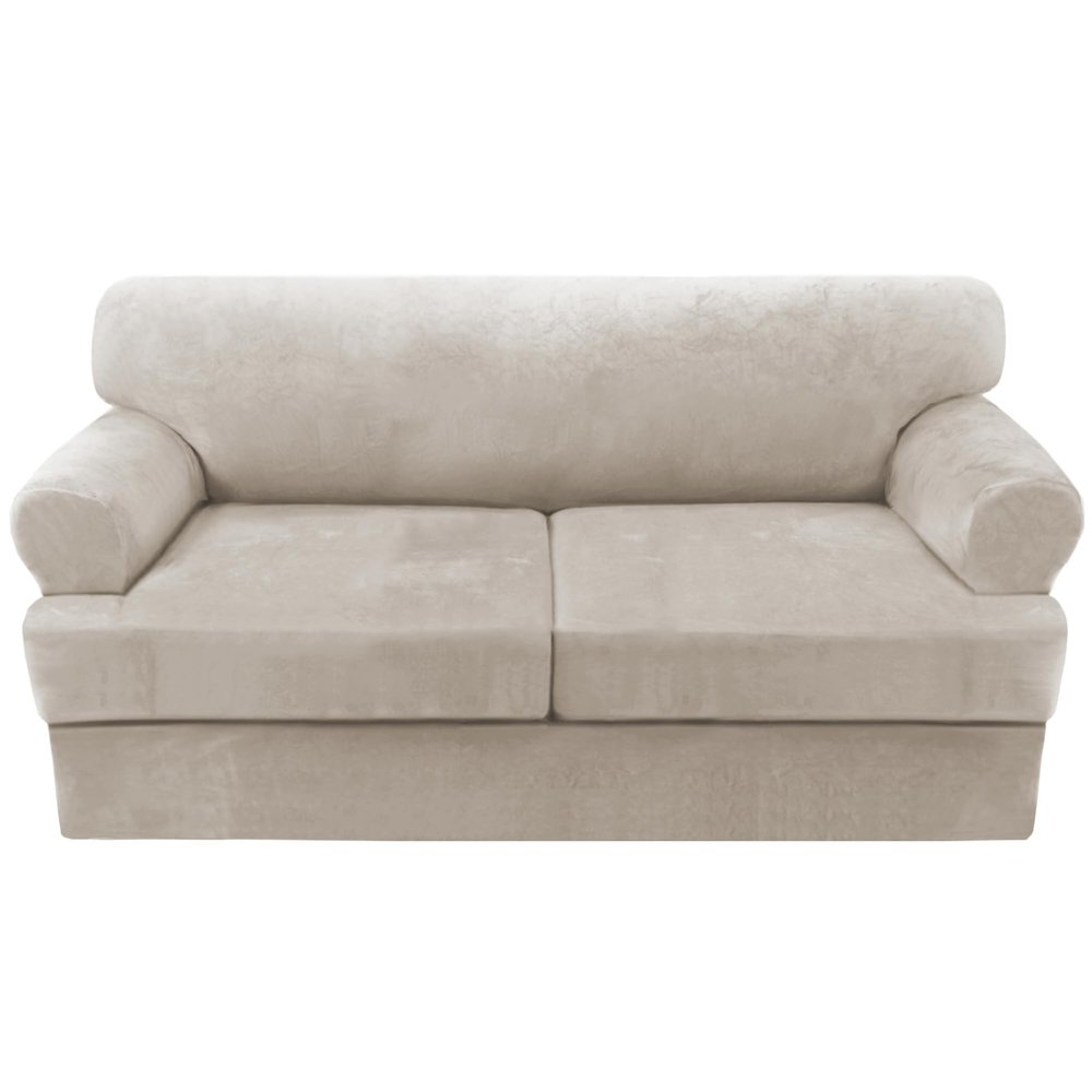 H.VERSAILTEX Sofa Cover 3 Piece T Cushion Sofa Slipcovers Thick Velvet Couch Cover Stretch T Cushion Sofa Covers for 2 Cushion Couch with 2 Individual T Cushion Covers Washable, Oatmeal