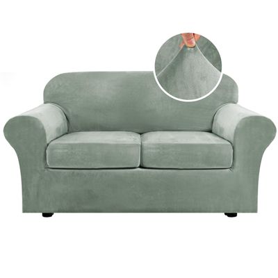 H.VERSAILTEX Real Velvet Plush 3 Piece Stretch Sofa Covers Couch Covers for 2 Cushion Couch Loveseat Covers Width Up to 72 Inch Thick Stay in Place (Medium Sofa, Sea Grass)