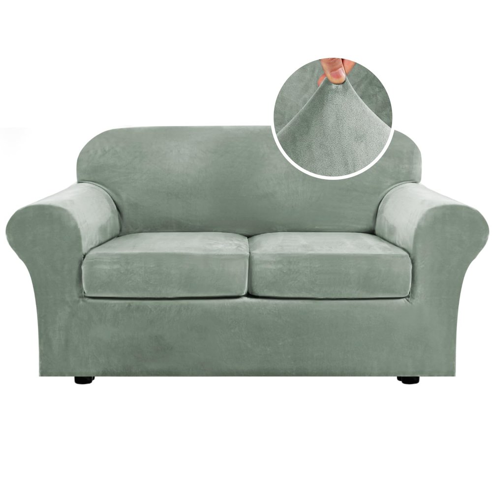 H.VERSAILTEX Real Velvet Plush 3 Piece Stretch Sofa Covers Couch Covers for 2 Cushion Couch Loveseat Covers Width Up to 72 Inch Thick Stay in Place (Medium Sofa, Sea Grass)
