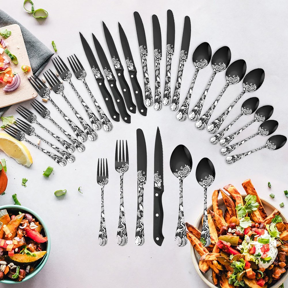 Black Silverware Set Set With Steak Knives Flatware Set for 4 Luxury 24 Piece Patterned Utensi Sets 18/10 Stainless Steel Cutlery Set Include Fork Knife Spoon Tableware