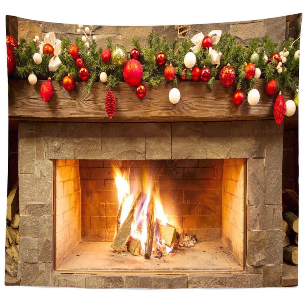 BELECO Large Christmas Fireplace Tapestry Wall Hanging Backdrop With Xmas Balls Art Wall Decor for New Year Party Bedroom Living Room Home Decor