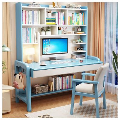 DOLUNTO Solid Wood Height-Adjustable Desk with Built-in Bookshelf, Versatile Writing Table for Students and Adults (Color : Blue+Chair B, Size : 85x60x173cm)