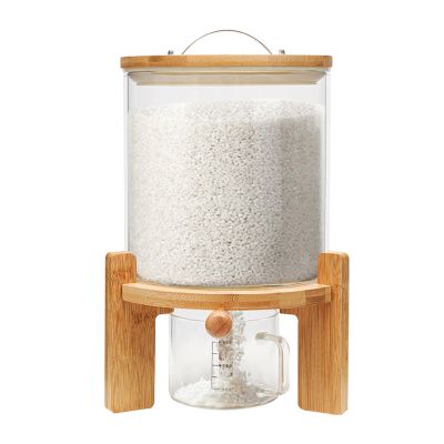 WDZCZDoo Flour and Cereal Container, 5L Rice Dispenser, Creative Glass Food Storge Container for Kitchen Organization and Pantry Store, Airtight Lid and Wooden Stand