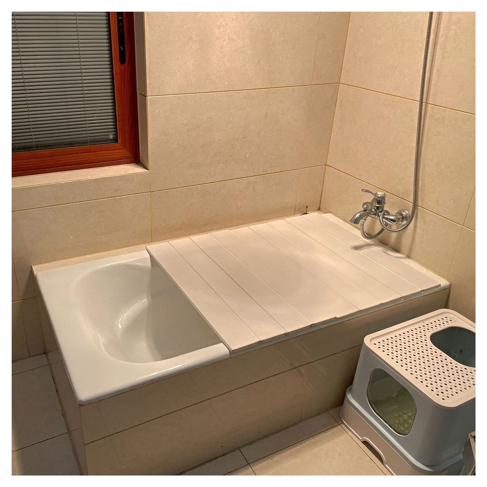 Bathtub Tray Folding PVC Bathtub Cover Shutter Bath Lid, Bathtub Dust Board Insulation Cover, White Bathtub Tray for Books Phone Tablet, 0.6cm Thickness Multifunctional (Color : White, Size : 80x150