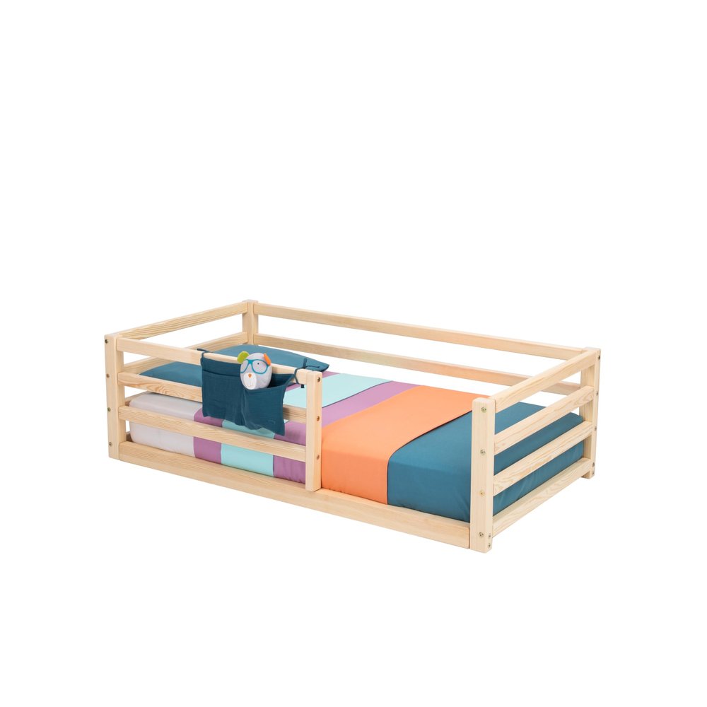 Montessori toddler bed with rails, Toddler floor bed with rails, Montessori floor bed with rails for kids, Wooden floor bed, Montessori furniture (Twin, Pine wood)