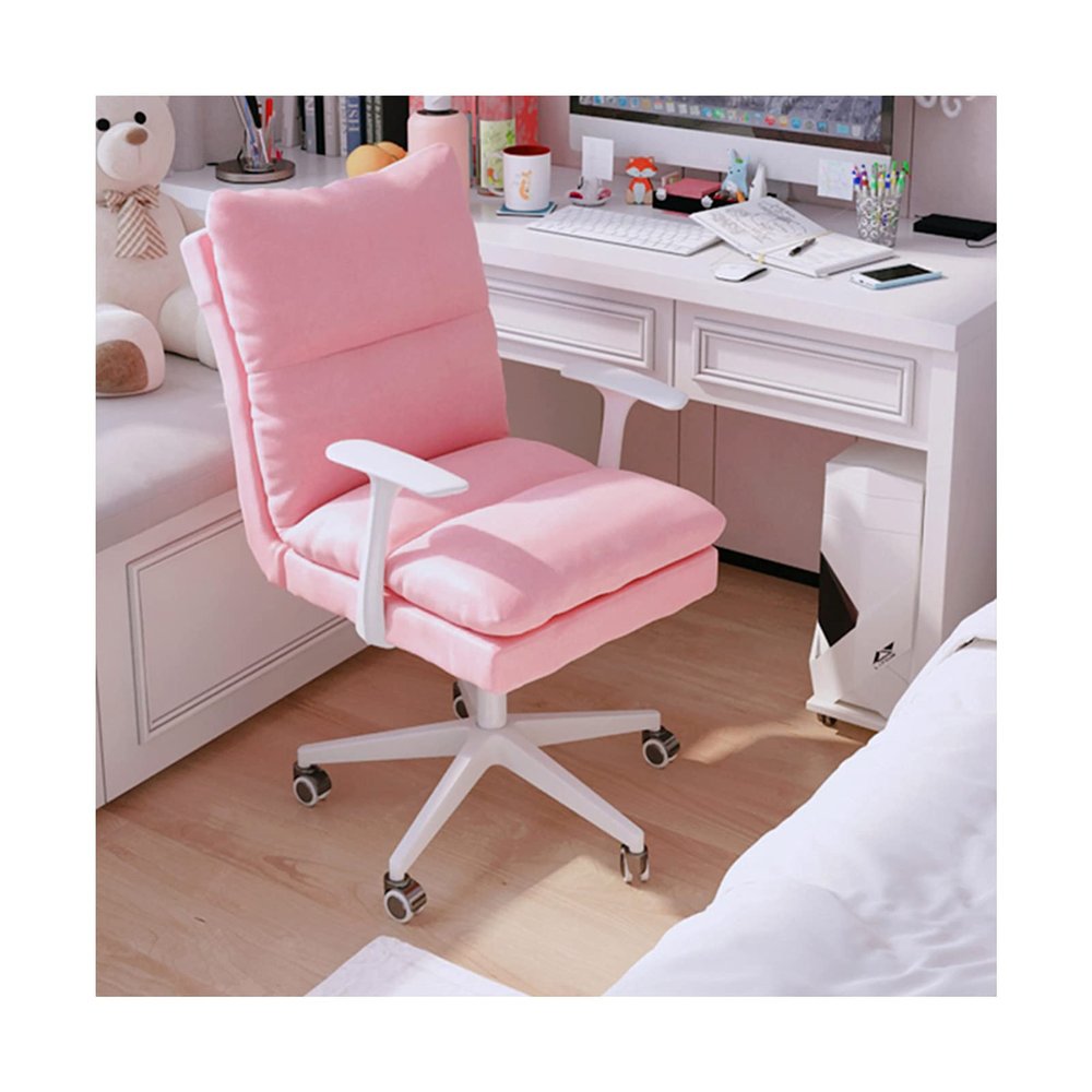 Swivel Desk Chair Comfortable Home Office Chair, Upholstered Desk Chair Linen Adjustable Swivel Vanity Chair for Bedroom Living Room, Blue/Pink/Khaki/Yellow for Home Office Chair