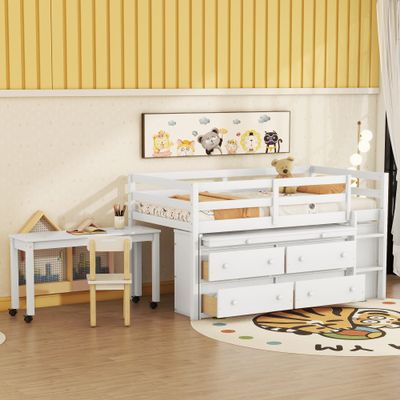 Twin Size Loft Bed with Retractable Writing Desk and 4 Drawers, Wooden Low Loft Bed Frame with Lateral Portable Desk and Shelves Space Saving Loft Bed Twin for Girls Boys (White~04)