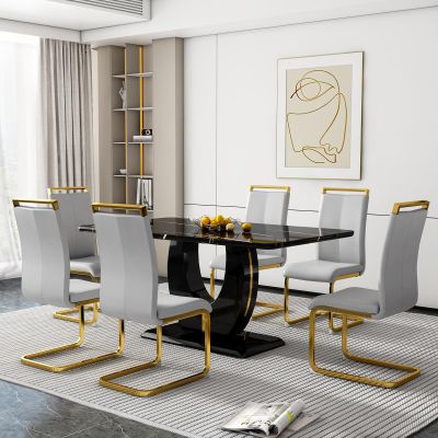Pvillez Marble Dining Table Set for 6,7 Piece Kitchen Table Set with 63" Black Kitchen Table, Faux Marble Dining Room Table with 6 PU Leather Chairs,Modern Dining Table and Chairs Set for 6