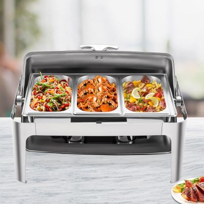 DUTTIETY 9L/9.5QT Roll Top Chafing Dish Buffet Set, Rectangular Rotation 90/180Catering Warmer Server with 3 Pans, Stainless Steel Chafing Server Set for Catering Events